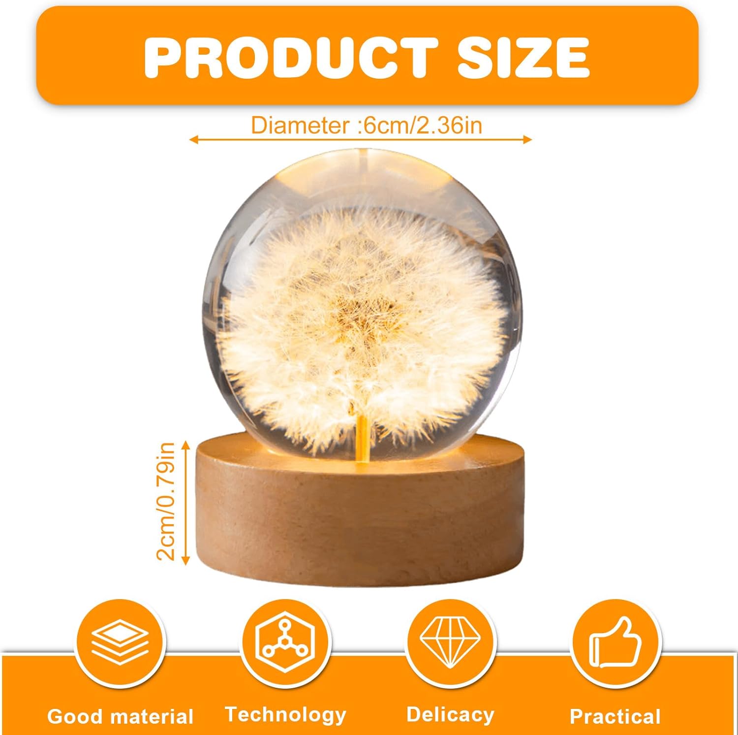 Crystal Ball Night Light, 6 cm Dandelion Glass Ball Night Lamp, Crystal Ball Night Light Flower with USB Wooden Base, Dandelion Lamp Wish Filler for Home Table Decorations Gifts, Warm colour