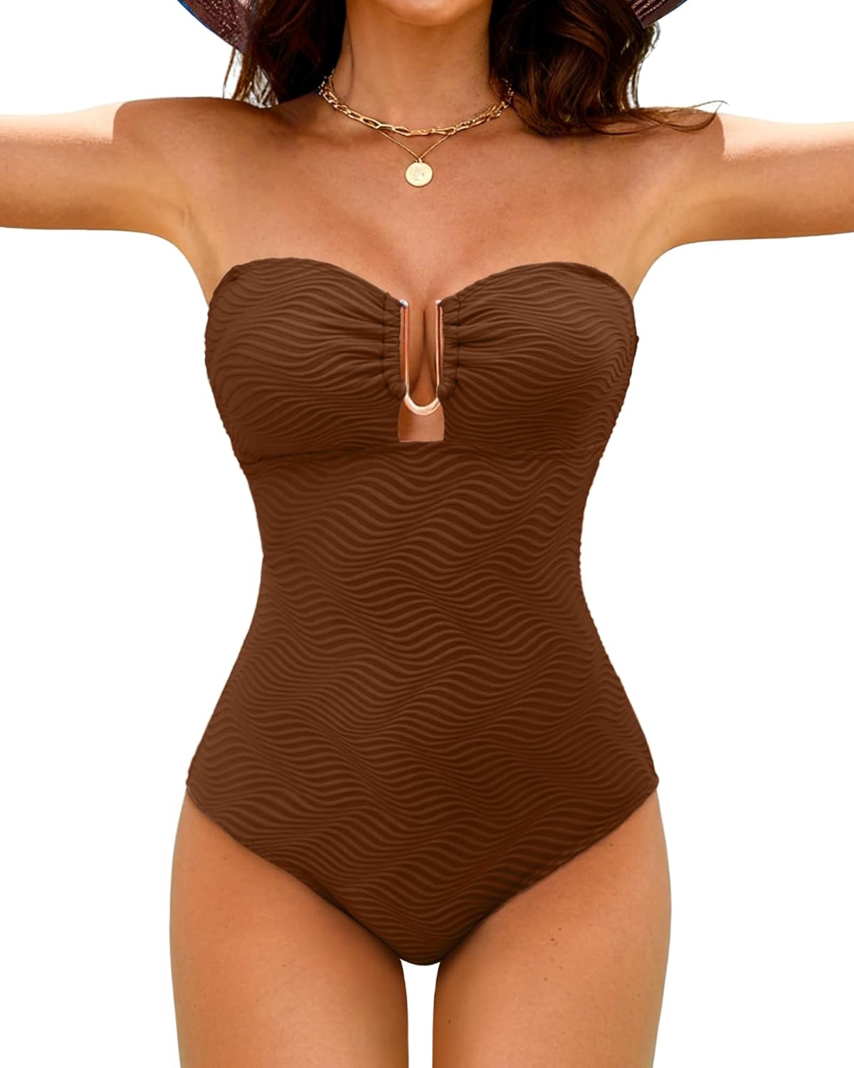 Jolefille One Piece Swimsuit Women Tummy Control Bathing Suit Bandeau Strapless Swim Suits Modest Swimwear Ribbed Shapewear