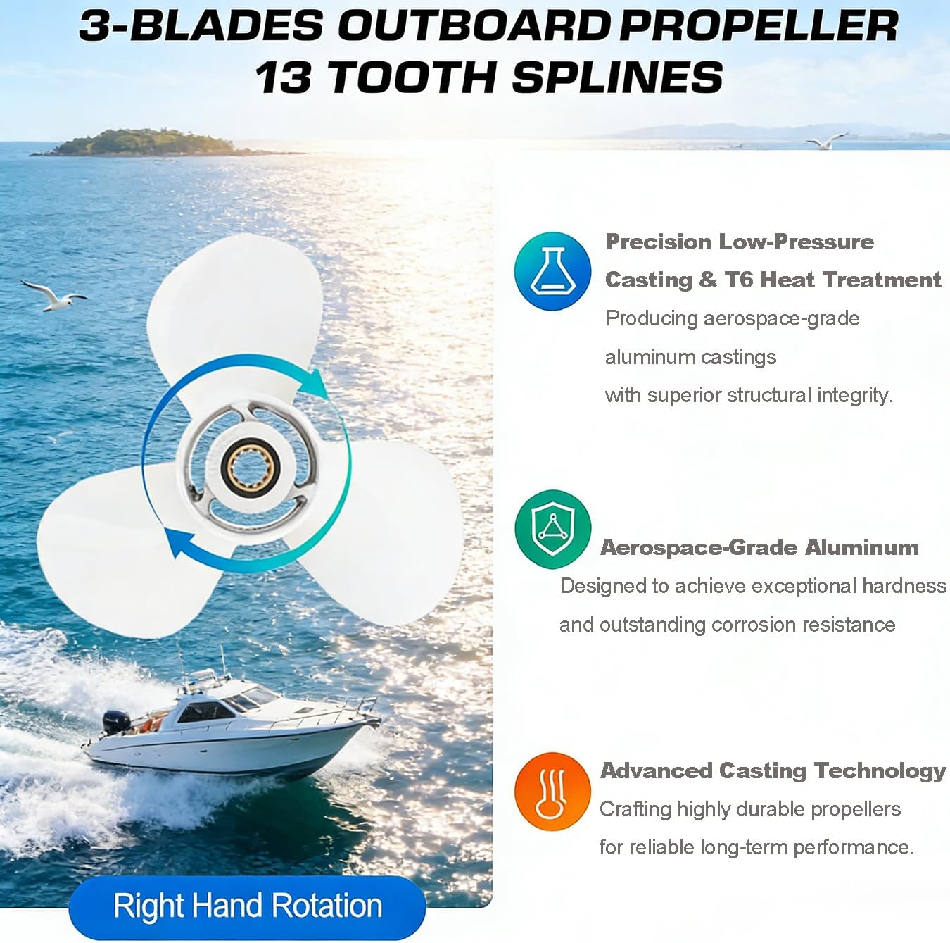 Boat Propeller 11" 11-1/4" 11-1/8" 11-3/8" 11-5/8" diameter, 15" 14" 13" 12" 11" 17" pitch Aluminum 13 Spline, compatible with Yamaha T25 F30 F40 48hp F50 55hp F60 Outboard Engines, 3.50" Gearcase, RH