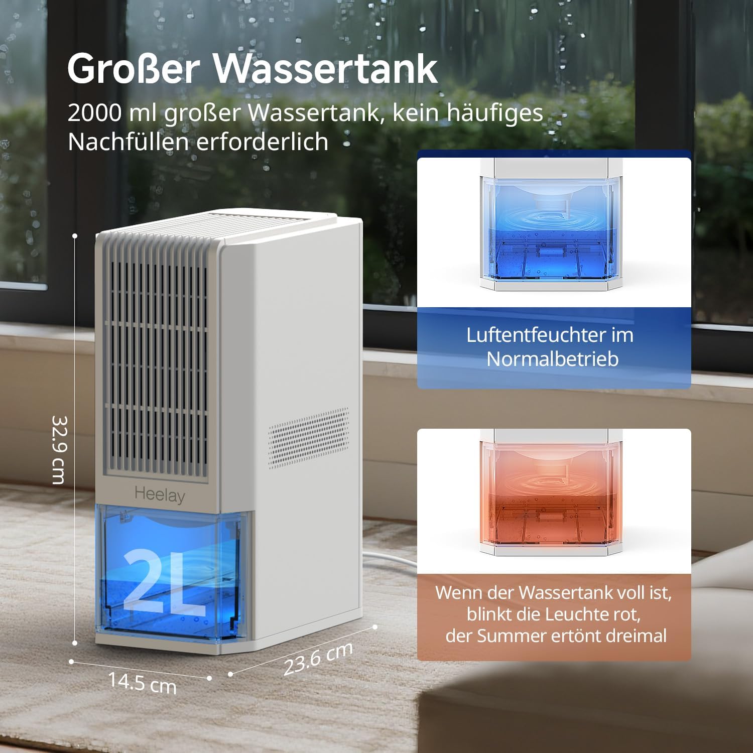 Heelay Q22 Dehumidifier with 2-liter water tank, showing full and empty states