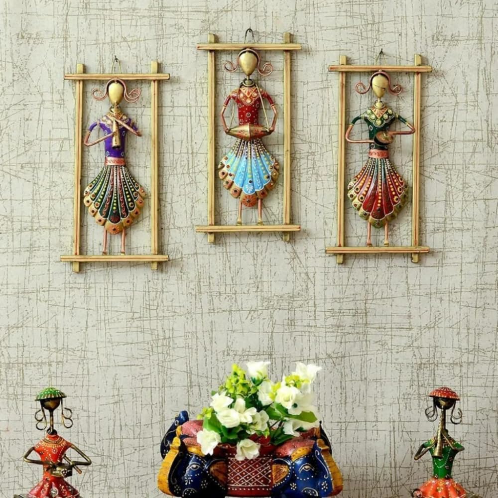 RHEA STORE - Rajasthani Musician Metal Wall Art Set of 3 Frames - Handmade Wall Décor for Living Room Decoration (Medium Size)