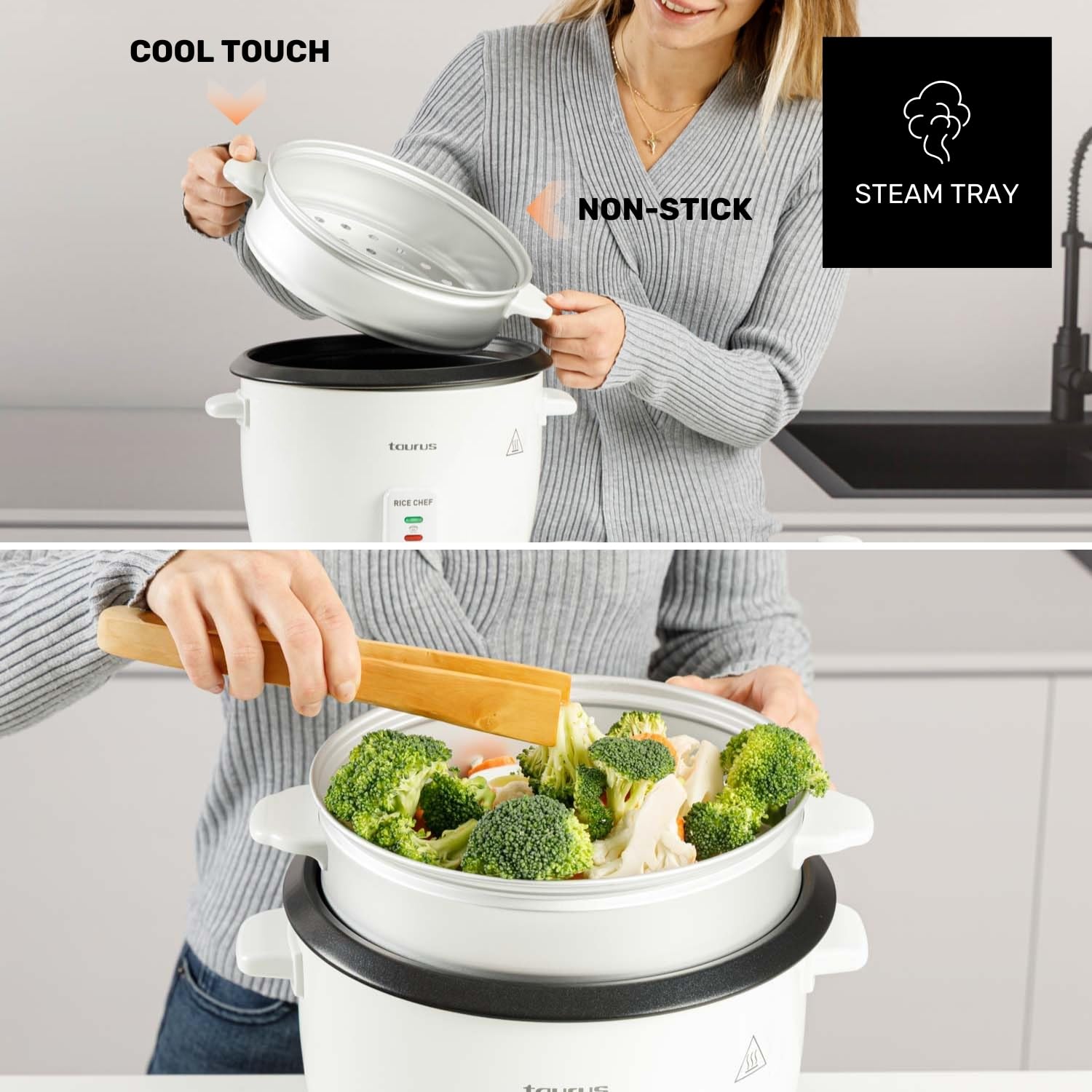 Taurus Rice Chef - Arrocera. 700W. Capacidad 1.8L. Revestimiento antiadherente. Función de cocción y mantenimiento del calor. Accesorio cocción al vapor. Blanco