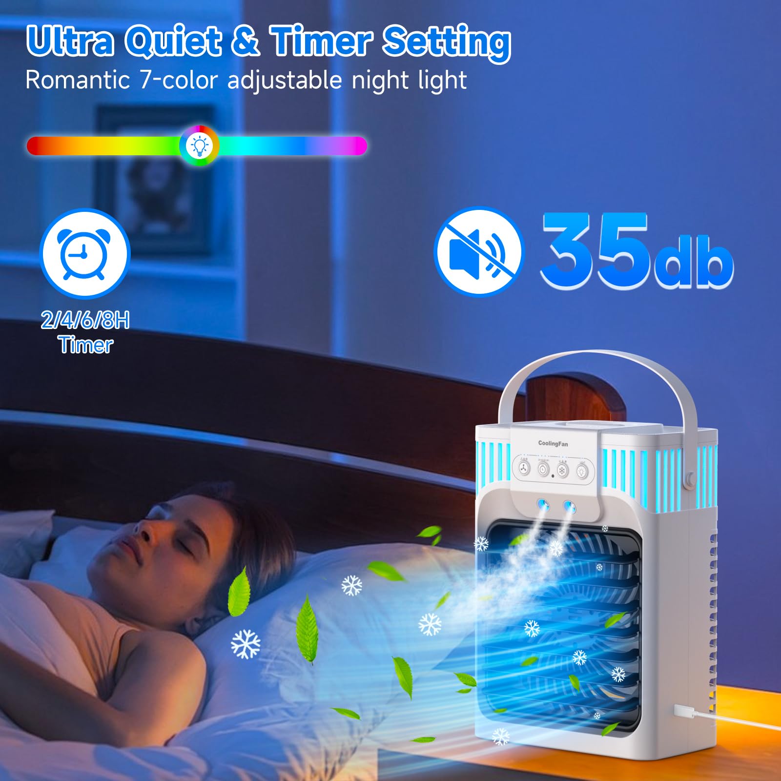 1200ml Aire Acondicionado Portatil con Mando, 5 en 1 Mini Aire Acondicionado, 3 Velocidades, 3 Modos de Nebulización, Luz de 7 Colores, Temporizador de 2-8H, Enfriador de Aire Portátil Interior — view 4