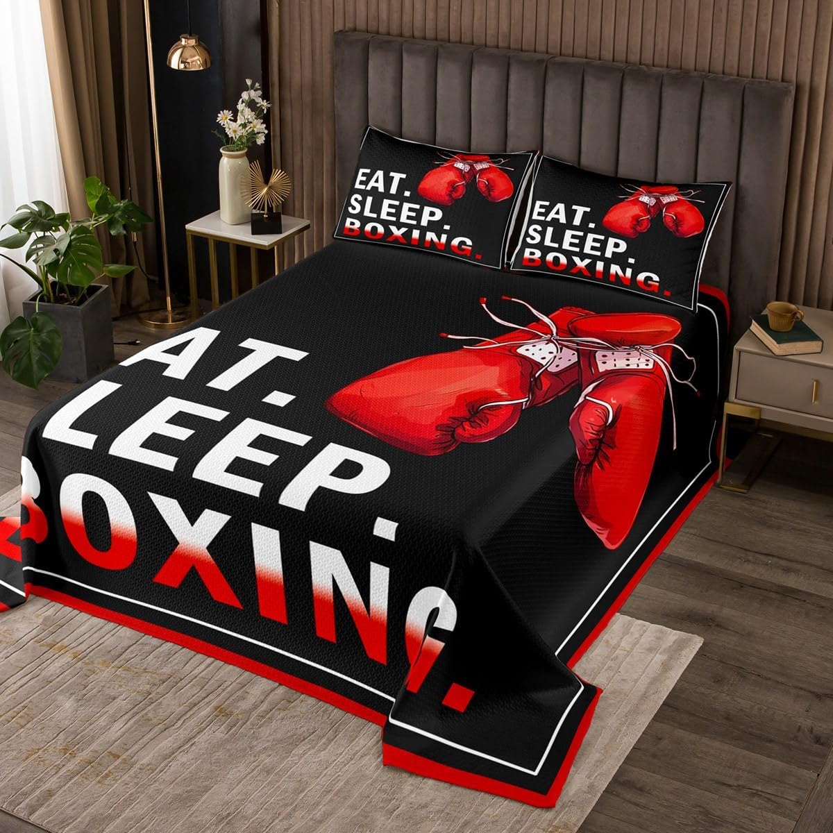Castle Fairy Boxing Bedspread King Size,Sports Theme Bedding Set Red Boxing Gloves Pattern Comforter Set 3Pcs for Kids Boys Men Adult Room Decor,Pugilism Games Design Quotes Quilt Set,2 Pillowcases