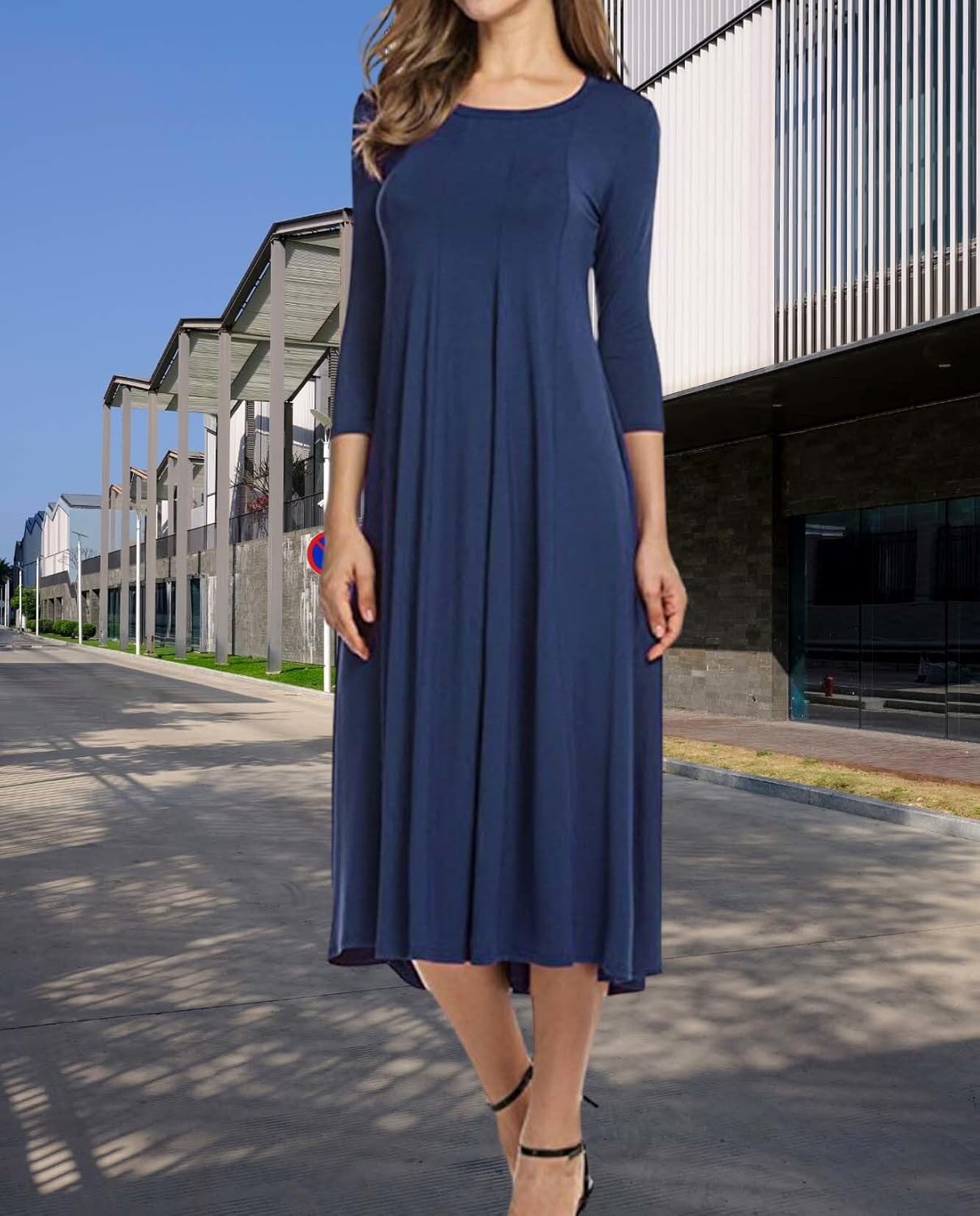 Womens Long Sleeve Dress 2025 Fall and Winter Casual Flowing A Line Solid Color Hem Long Dresses - Image 4