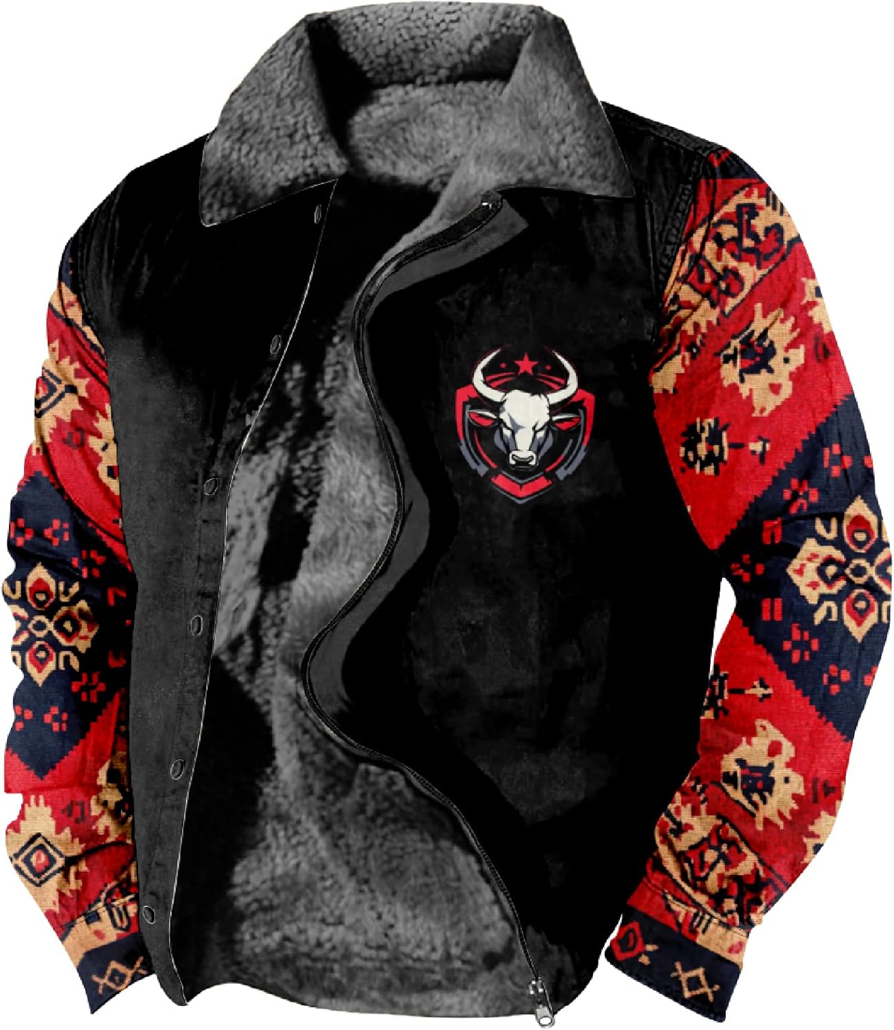 Actec Western Cowboy Jackets for Men Ethnic Print Long Sleeve Zip Up Sherpa Fleece Vintage Winter Outdoor Coat - Image 3