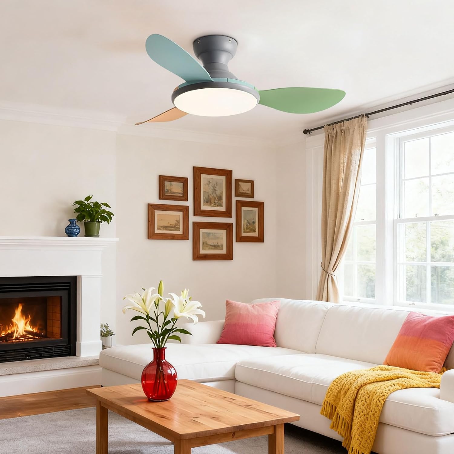 Modern Colorful Ceiling Fan with Light, Remote 6 Speed Ceiling Fans with Reversible DC Motor, ABS Blades, Flush Mount Ceiling Fan Lights for Bedroom Living Room Nursery Kids Room