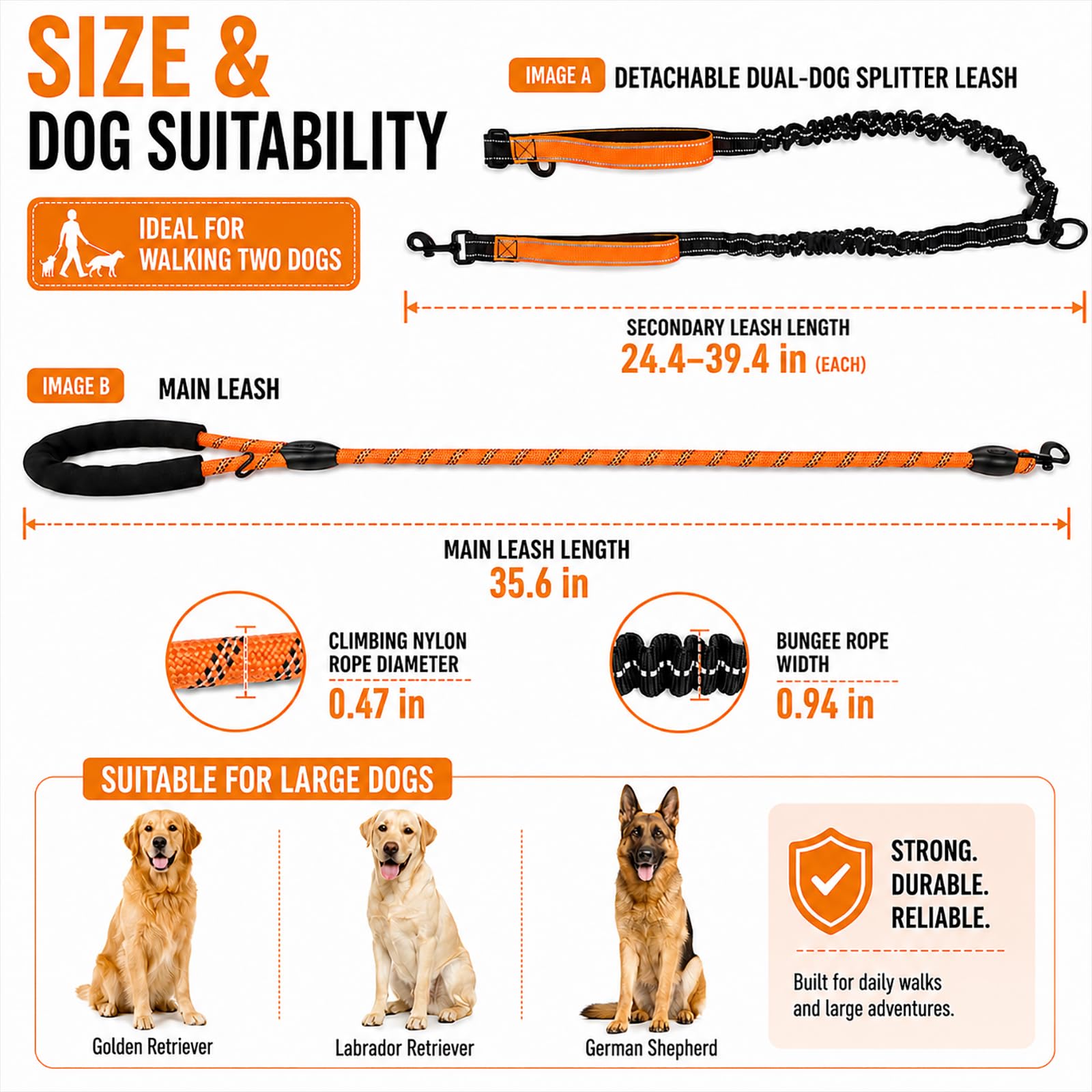 Guinzaglio doppio per cani per 2 cani, nessun groviglio Bungee Large | Guinzaglio doppio resistente per due cani, elastico ammortizzante, girevole a 360°, manici imbottiti