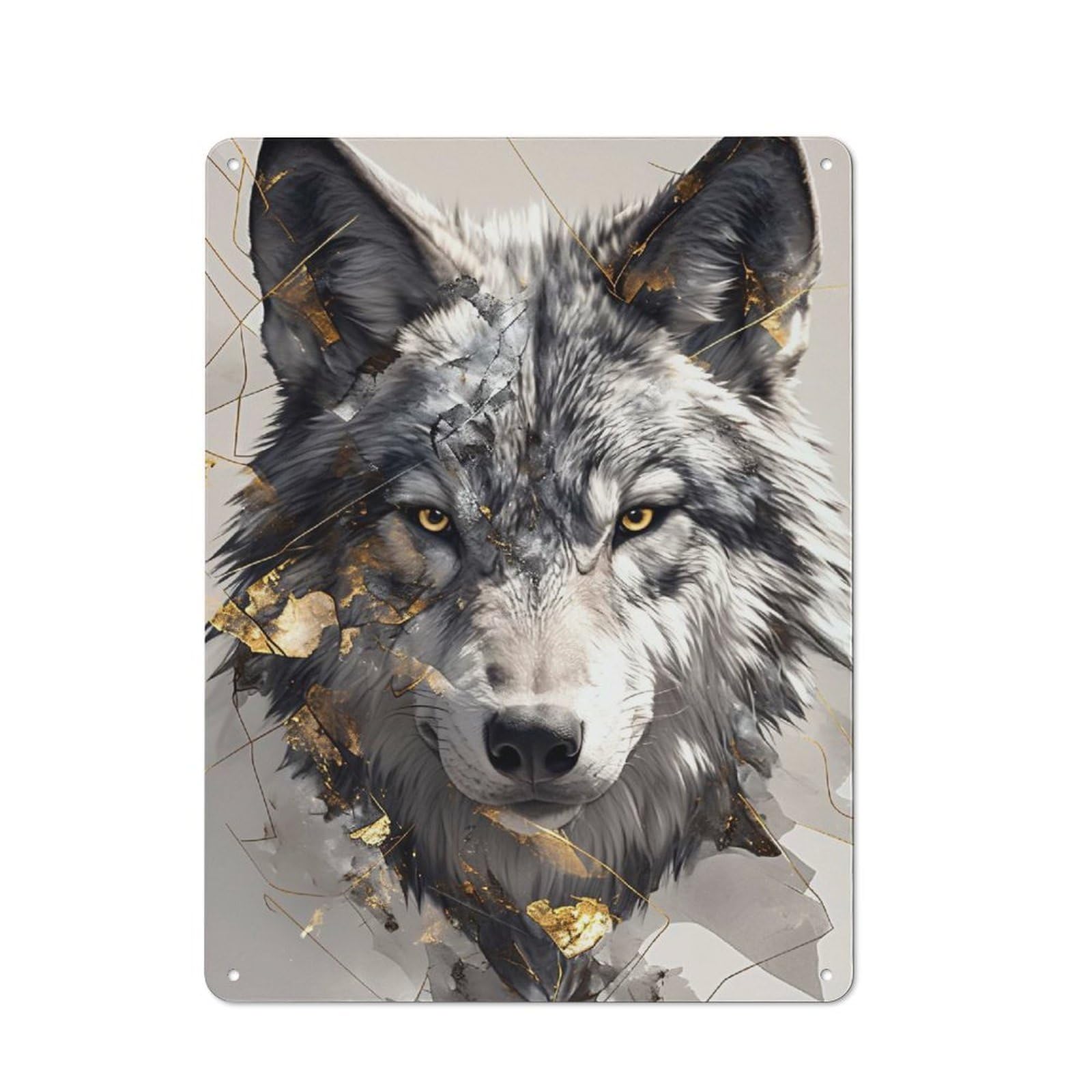 Junmoney Style-24 Metal Plaque 40X30cm With Wolf Portrait With Gold Accents For Hallway Wall, Rustic Decor, A Metal Wall Feature For Hallways And Entrance Areas