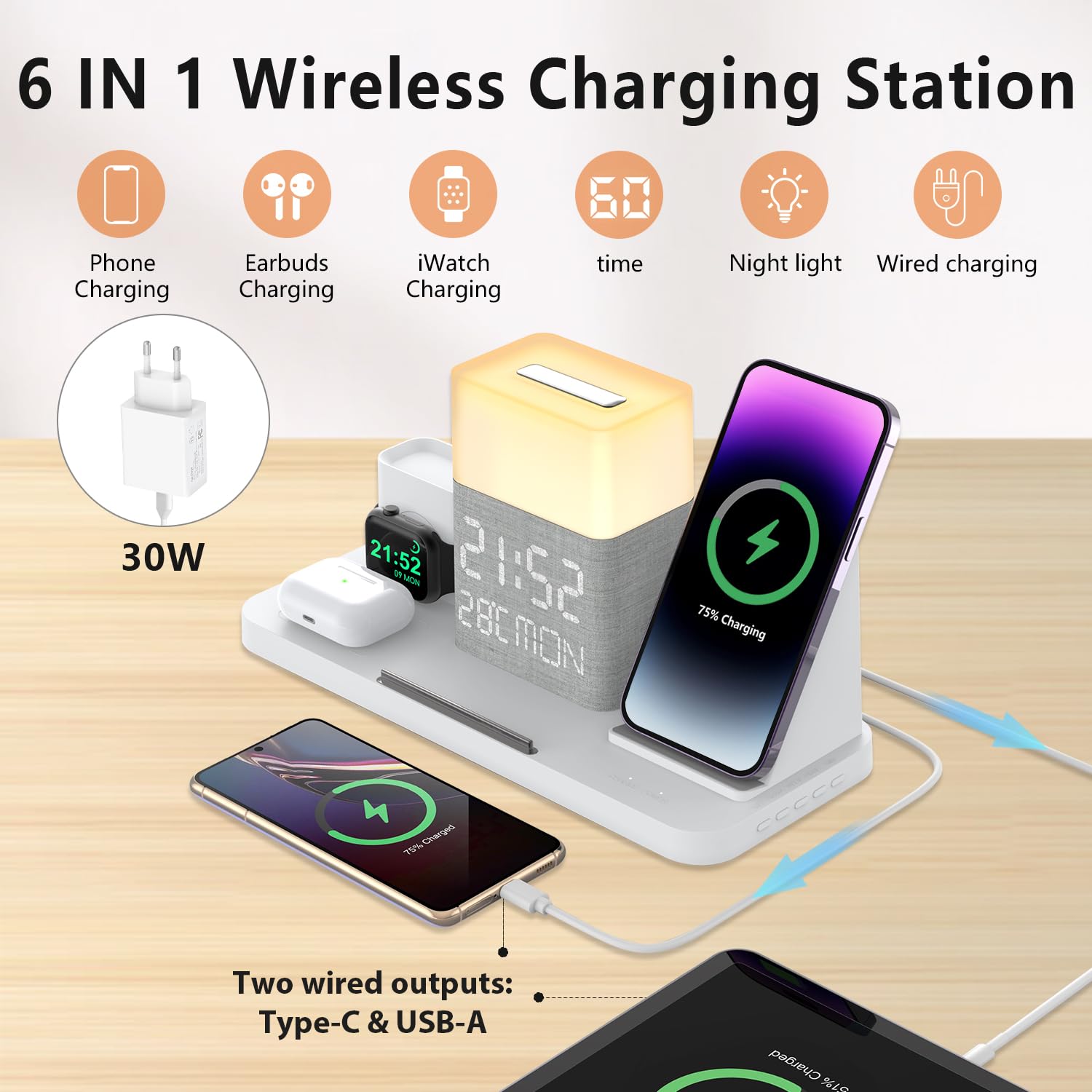 6 in 1 stazione di ricarica con orologio, caricatore wireless con luce notturna, temperatura Bluetooth TimeSync, adattatore 30W, stazione di ricarica rapida per iPhone 15/14/13/12 e Earbuds & iWatch