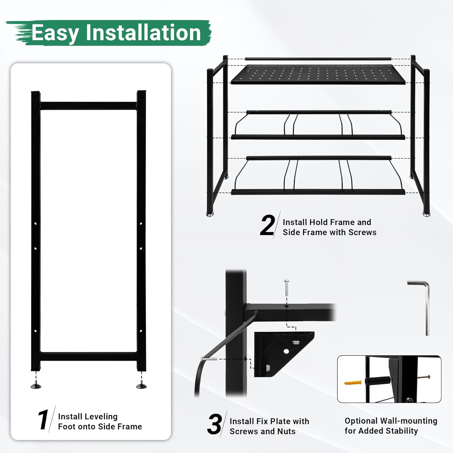 5 Gallon Water Jug Holder Heavy Duty，3-Tier Water Jug Rack w/Top Shelf, Wall Mount Water Bottle Holder for 6 Bottles, Powder Coated Water Rack Stand for Home, Office, Restaurant, Gym.