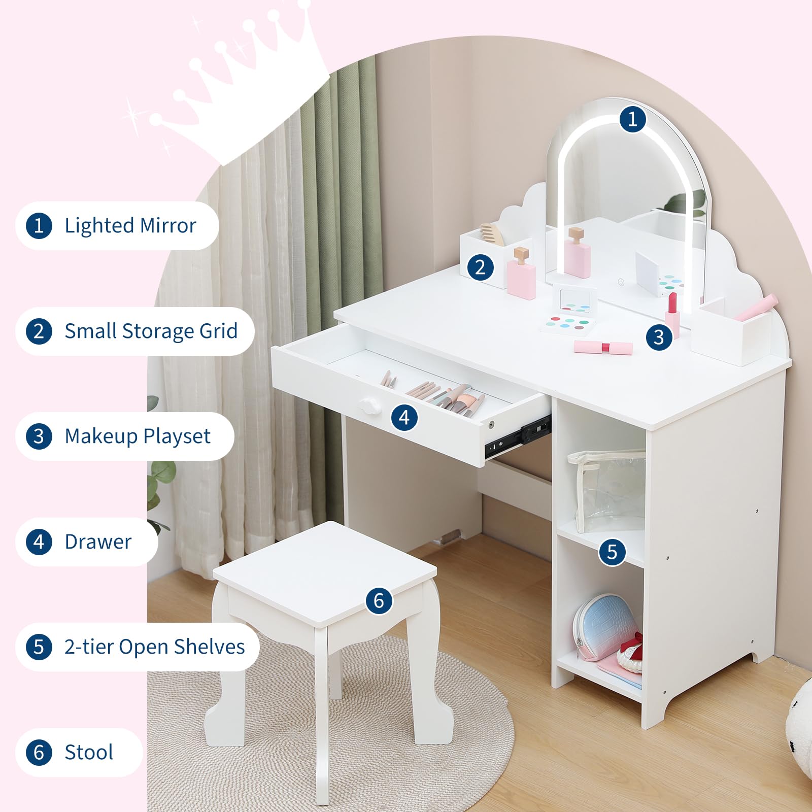 Kinderschminktisch mit Spiegel und Hocker, Robustes Holz Schminktisch Mädchen mit Beleuchtung & Spielzeug-Schminkset, Wellenrand Kosmetiktisch Kinder Möbel 3-9 Jahre, Weiß
