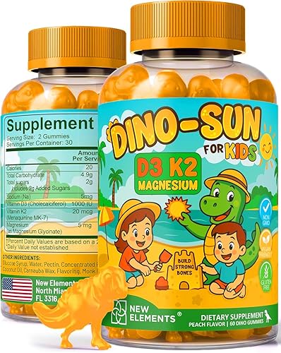 New Elements Gomitas de vitamina D3 K2 para niños con glicinato de magnesio  Huesos fuertes y salud inmunológica  Vitamina D3 1000 UI para niños
