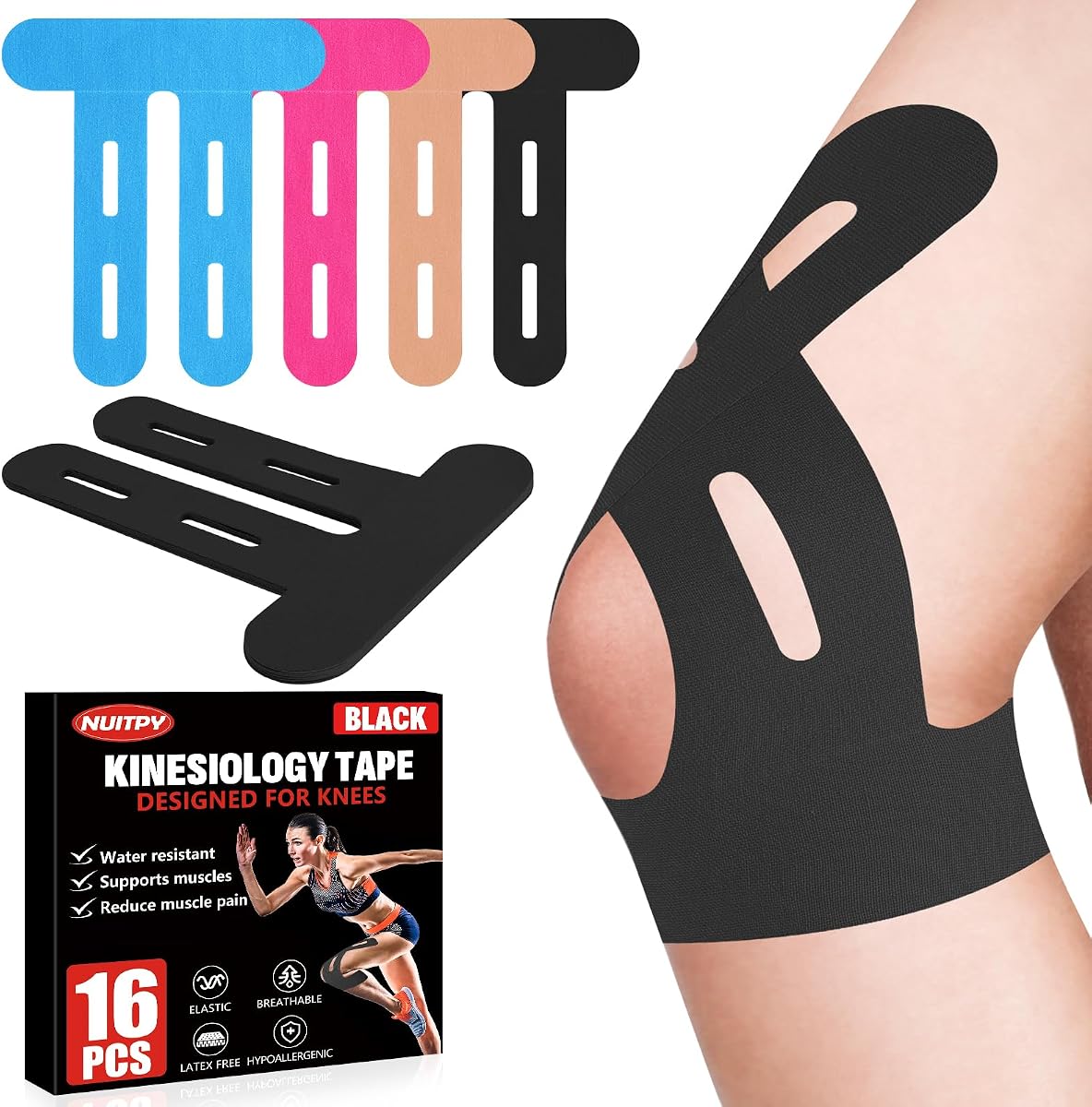 16 Pcs Black Kinesiology Tape for Knees, Knee Support Tape | Precut Knee Tape for Knee Stability, Athletic Tape, Kinetic Tape for Knee