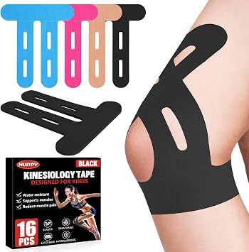 16 Pcs Kinesiology Tape for Knees, Pre Cut Knee Support & Stability, Elastic, Breathable, Latex-Free Pain Relief Athletic Tape for Knee - Black