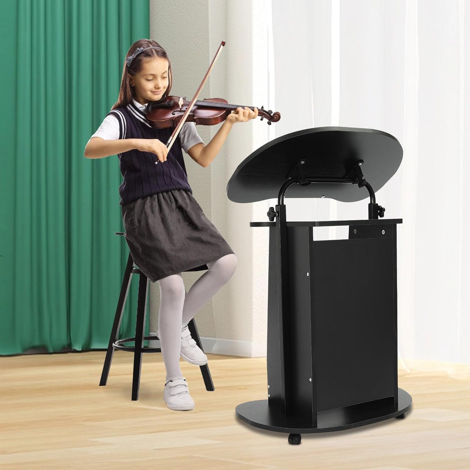 Mobile Podium Stand, Portable Rolling Lectern, Height Adjustable Presentation Stand, Sit-to-Stand Laptop Cart, for Church, Classroom, Lecture, Speech Black