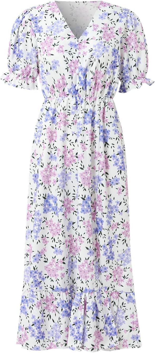 Women's Dress Casual Boho Floral V Neck Short Sleeve Split Ruffle Maxi Dresses (X-Large, Purple)