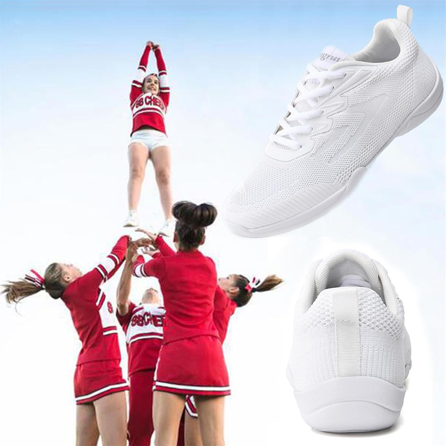 PPXID Youth Girls Mesh Breathable Running Sneakers Athletic Training Tennis Shoes White Cheerleading Shoes Dance Shoes