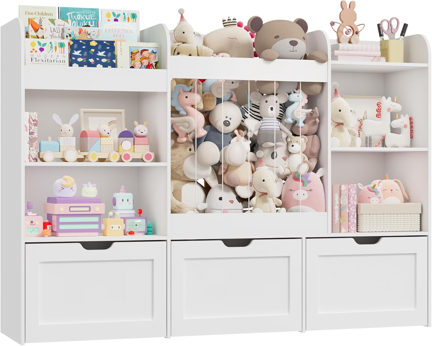 61" W Extra Large Kids Toy Storage Organizer with Bookshelf and Stuffed Animal Storage, 3 Large Movable Drawers, 4 Compartments & 3-Tier Shelves for Kids Room, Playroom, White