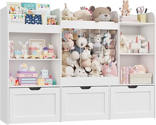 Organizador de almacenamiento de juguetes para niños de 61 pulgadas de ancho con estantería, organizador de juguetes con almacenamiento de animales