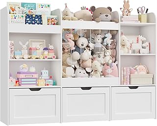61" W Kids Toy Storage Organizer with Bookshelf, Extra Large Toy Organizers with Stuffed Animal Storage, 3 Movable Boxes Drawers, 4 Compartments and 3 Tier Shelves for Kids Room Playroom,White