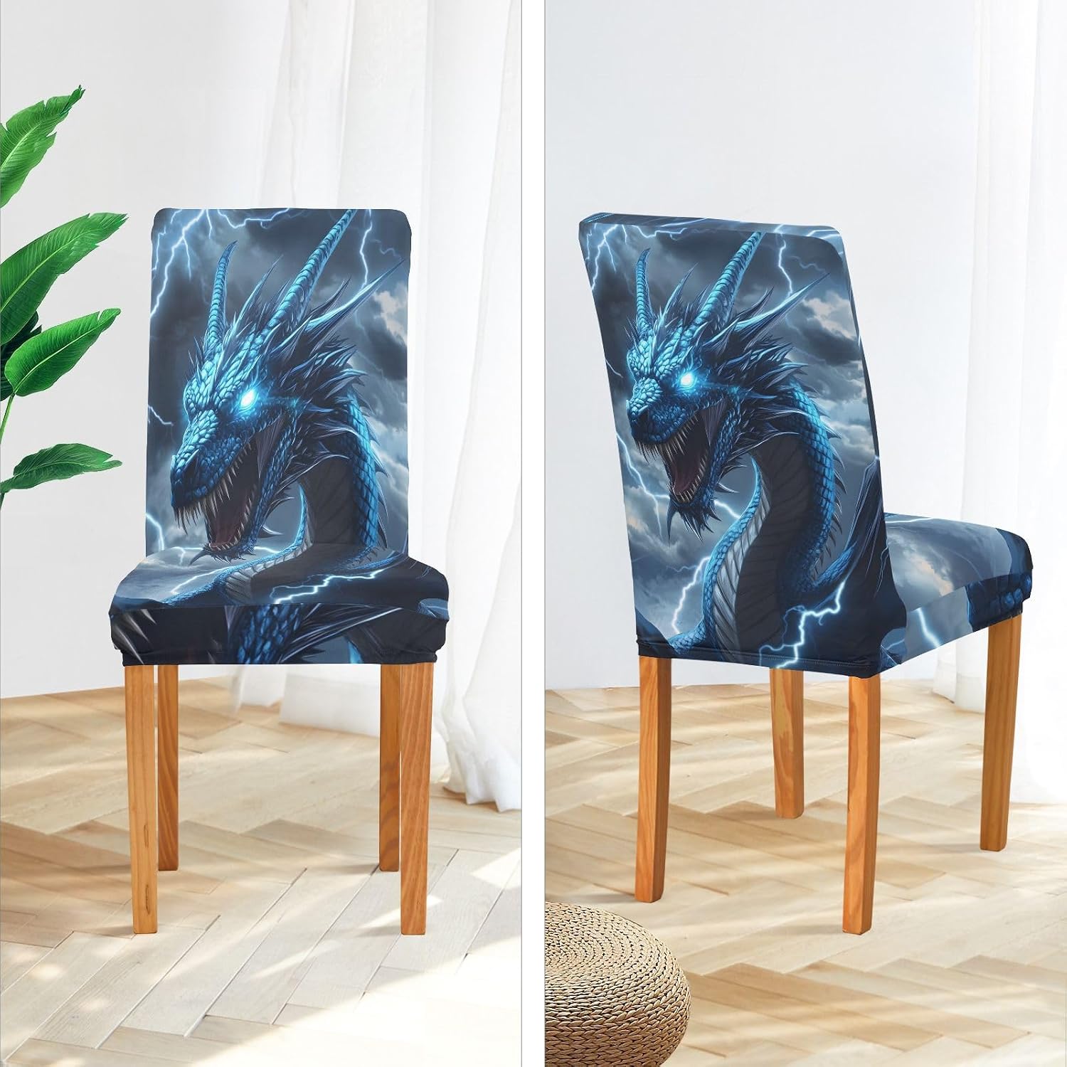 ALAZA Chair Covers for Dining Room, Fierce Blue Dragon Lightning Stretch Chair Cover Sets Chair Protector Removable Washable for Ktichen Restaurant Hotel