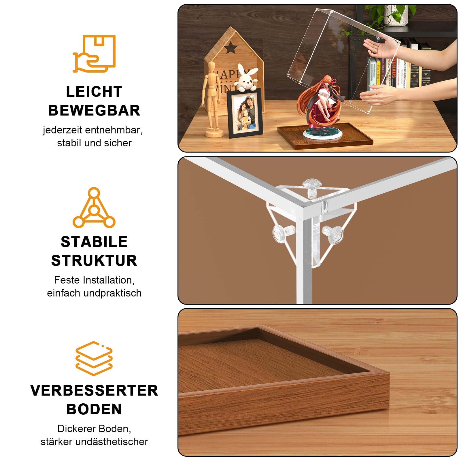 Vetrina in acrilico con effetto legno, resistente alla polvere, scatola trasparente | Scatola in acrilico trasparente per case in miniatura, Blind Box, oggetti da collezione, modellini di auto, 25 x 20 x 45 cm