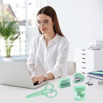 Green Mini Office Supply Kit Mini School Supplies Desk Accessory Set Includes Mini Stapler Pencil Sharpener Staple Remover Hole Punch Ballpoint Pen Scissor Box Cutter Paper Clips Sticky Index Tabs