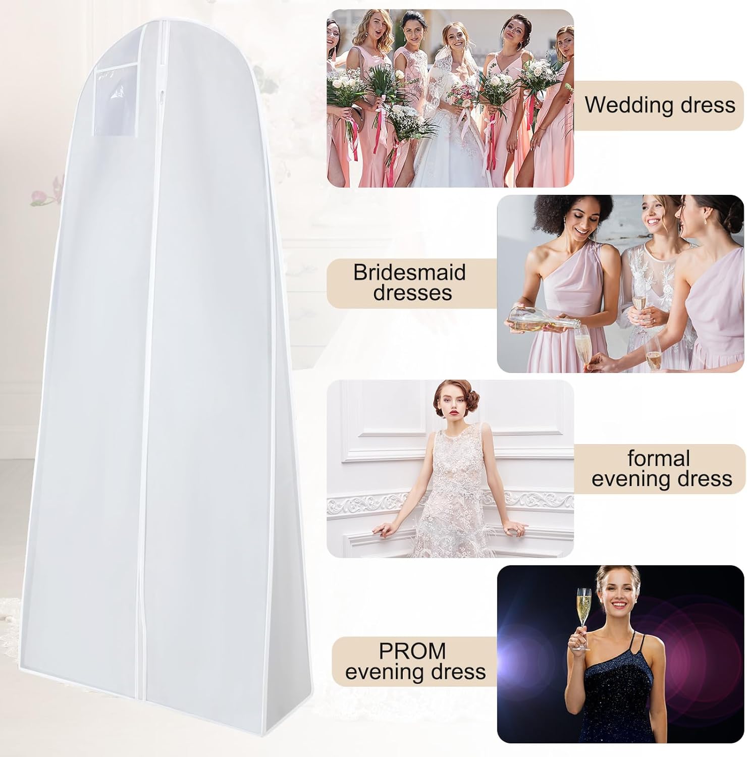 Windyun 6 Pack Wedding Dress Garment Bags 71'' Dress Bags for Gowns Long with 9" Gusseted for Travel Hanging Clothes Storage(White)