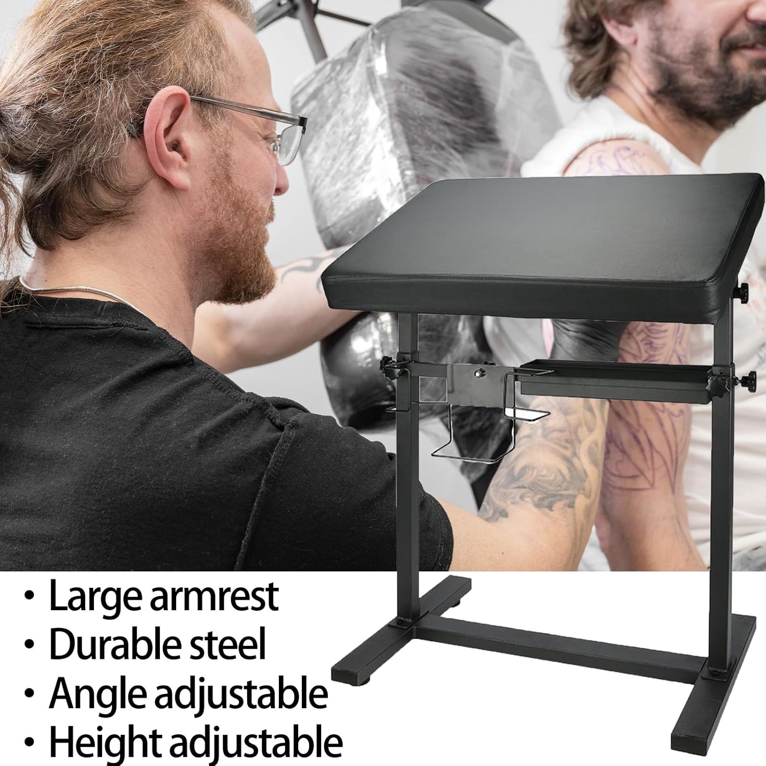 XL Tattoo Armrest Stand, Adjustable Height & Angle Tattoo Arm Rest, Soft Sponge Leather Pad with Rack and Storage Compartment, Stable and Reliable for Studio Salon Tattoo