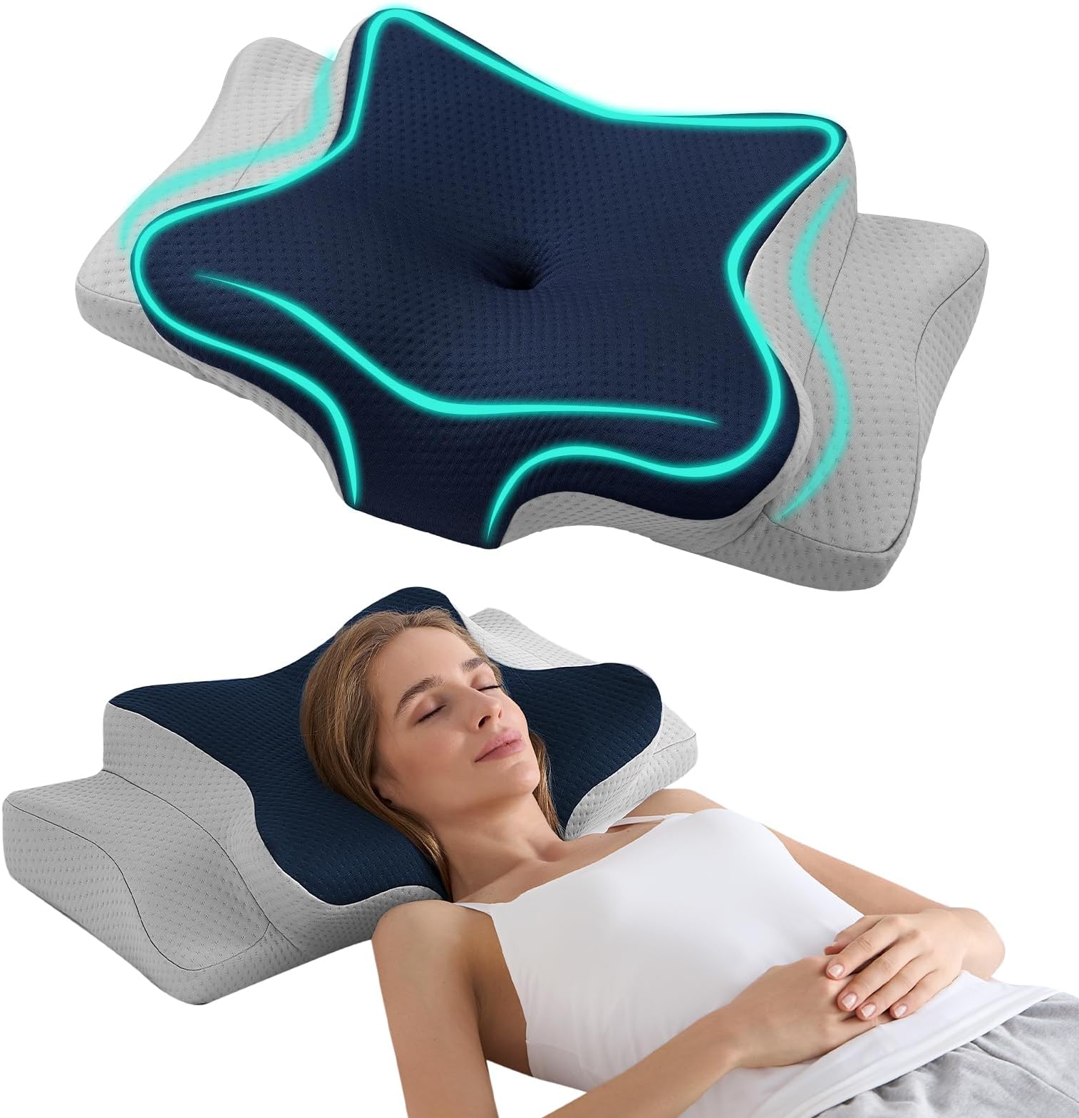 Hansleep4.7/5.5" H Adjustable Cervical Pillow for Neck Pain, Ergonomic Memory Foam Neck Pillow for Sleeping with Pillowcase, Orthopedic Contour Neck Pillow for Side Back Stomach Sleeper, Navy