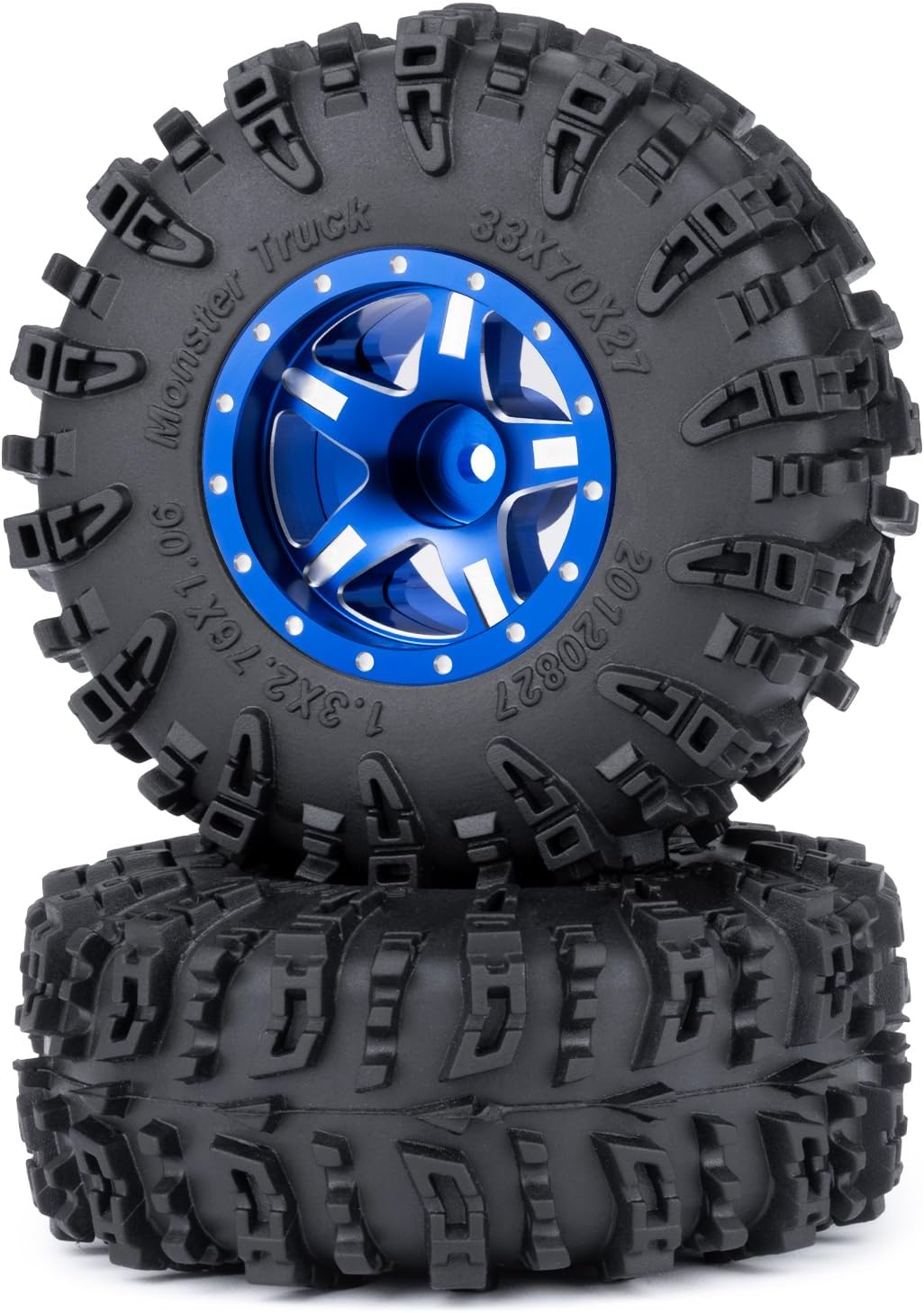 4PCS 1.3" Beadlock Wheel Tires Set Aluminum 1.3inch 5-Spoke Beadlock Wheel Hub Wheel Rim 7mm Hex ＆ 70mm/2.76inch Rubber Crawler Tires for 1/18 1/24 RC Crawler Car SCX24 TRX4M (Blue)