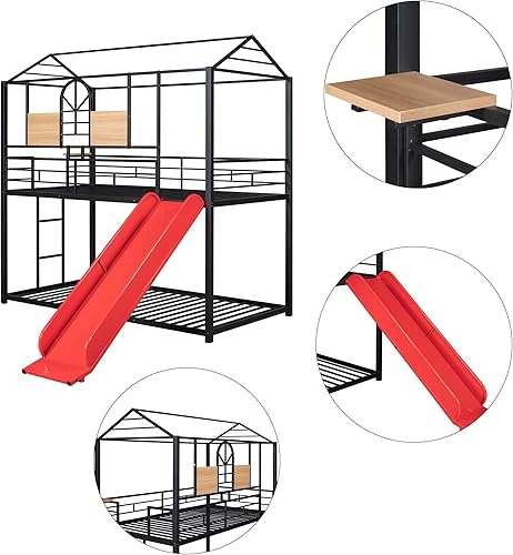 Miniatura 12 de Harper & Bright Designs Litera de metal con tobogán individual sobre individual, literas bajas, marco con escalera de techo en forma de casa