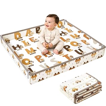 Foldable Baby Play Mat, 65" X 50" Waterproof Double-Sided Cushioned Activity Play Mat, Soft Lightweight Foam Playmat with Fold-Up Sides, Non Slip Crawling & Playing for Infants and Toddler, Alphabet