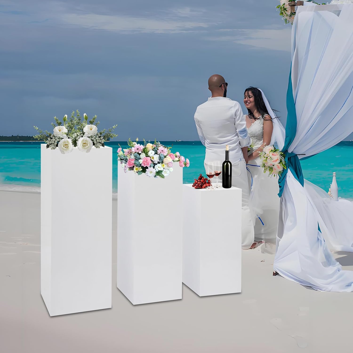 3 Pcs Metal Pedestal Stand, White Square Display Stands, Stackable Decorative Columns Cube for Weddings, Events, Plants, Cakes