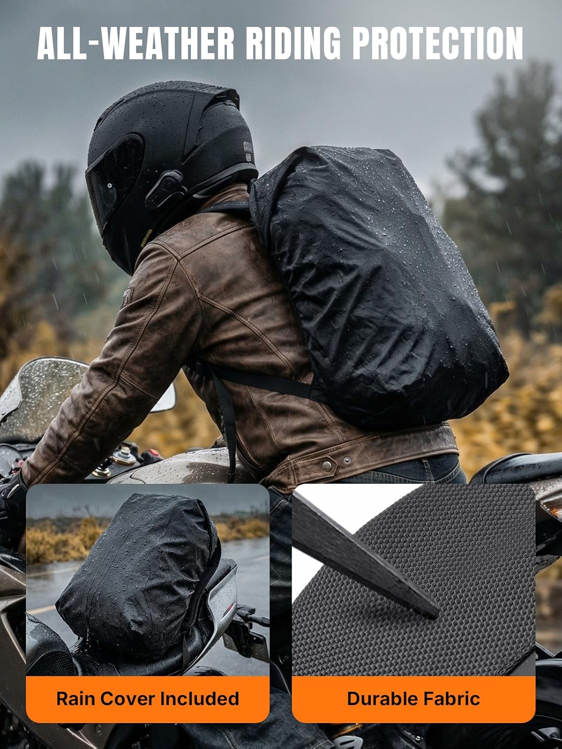 Reflective Motorcycle Helmet Backpack, 35L Riding Backpack with Hidden Helmet Net, Hi-Vis Commuter Bag, 1680D Water-Resistant Travel Backpack with Laptop Compartment, Ventilated Back