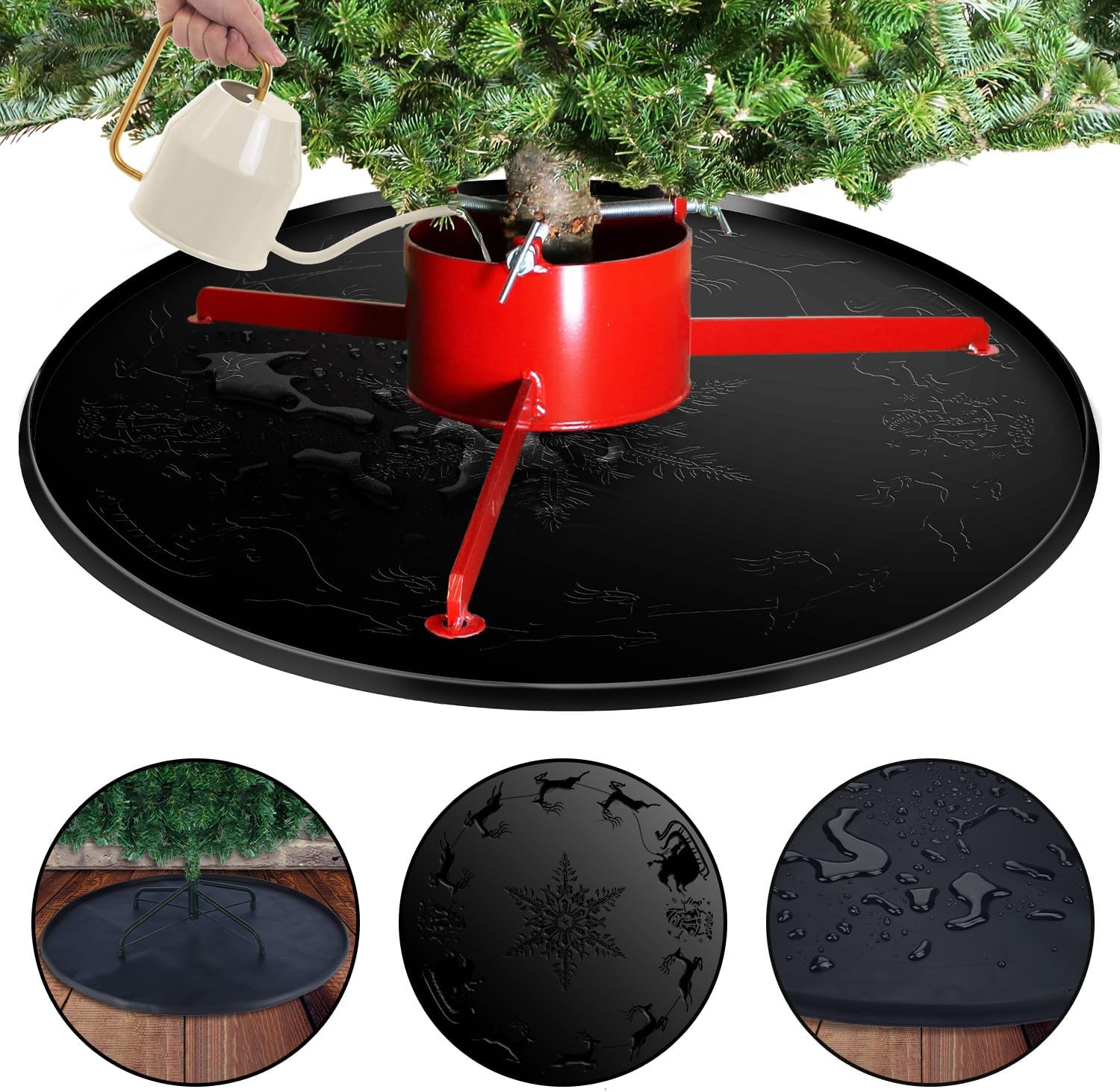 LURKA 31 Inch Christmas Tree Stands Mat with Embossed Christmas Design, Heavy Duty Christmas Tree Floor Protector, Waterproof Under Tree Pad for Christmas Tree Stand, Christmas Tree Floor Mat （Black）