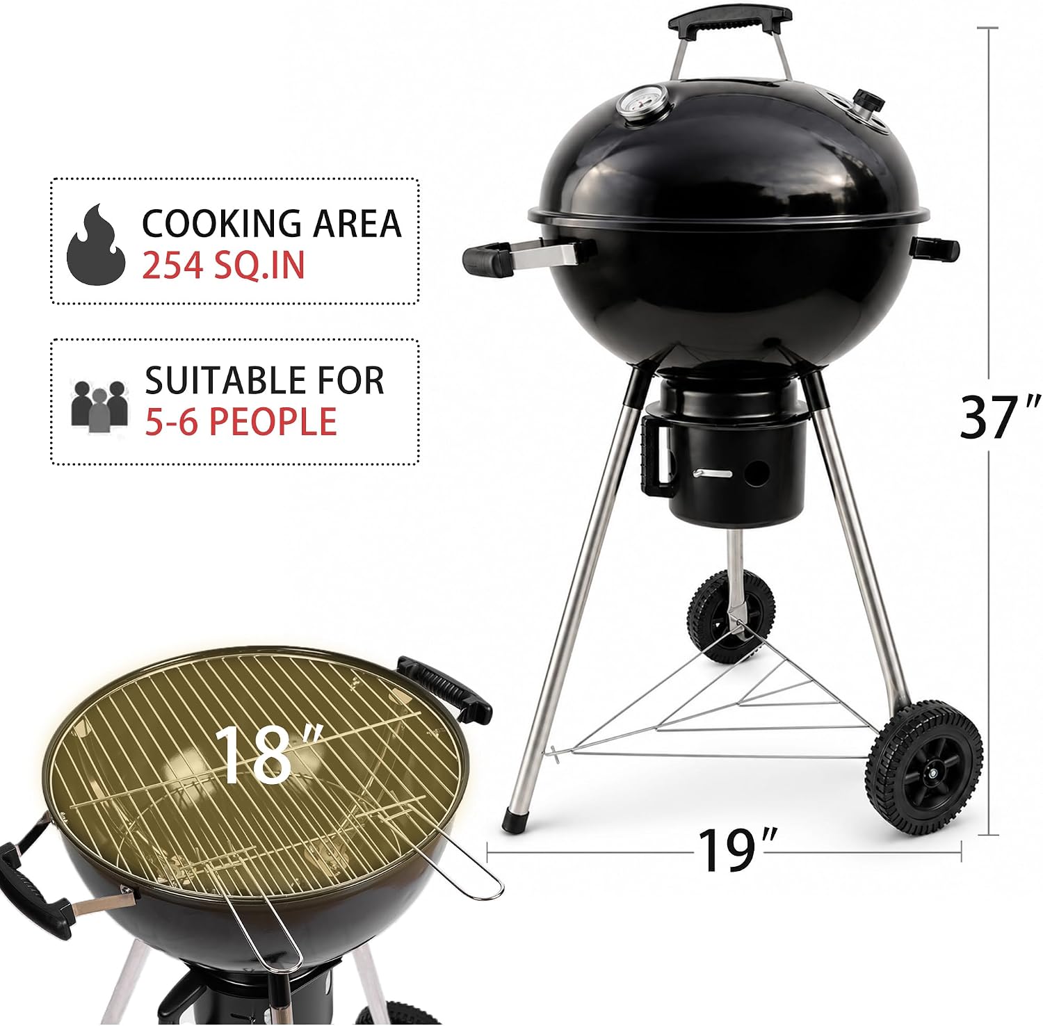 18-Inch Kettle Charcoal Grill with Cover & Wheels | Beginner-Friendly, For Backyard, Patio & Family Cookouts, Easy-to-Use, Ash Catcher