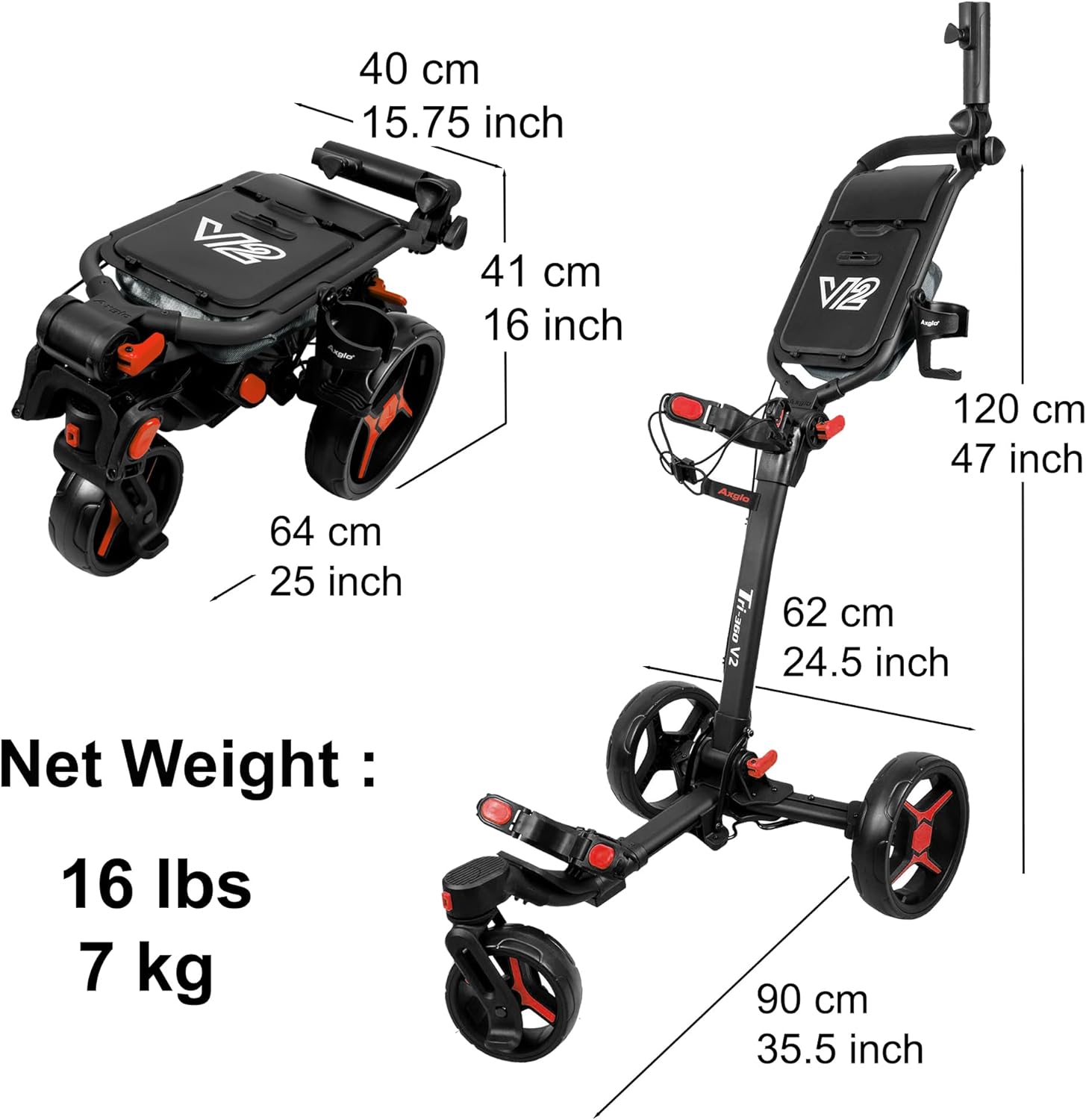 V2 Golf Cart | 3-Wheel Push Cart | Lightweight & Compact | 360° Swivel Front Wheel | Hand Brake | One-Step Folding | Dual Braking | Large Storage | Adjustable Handle | Cup & Umbrella Holder