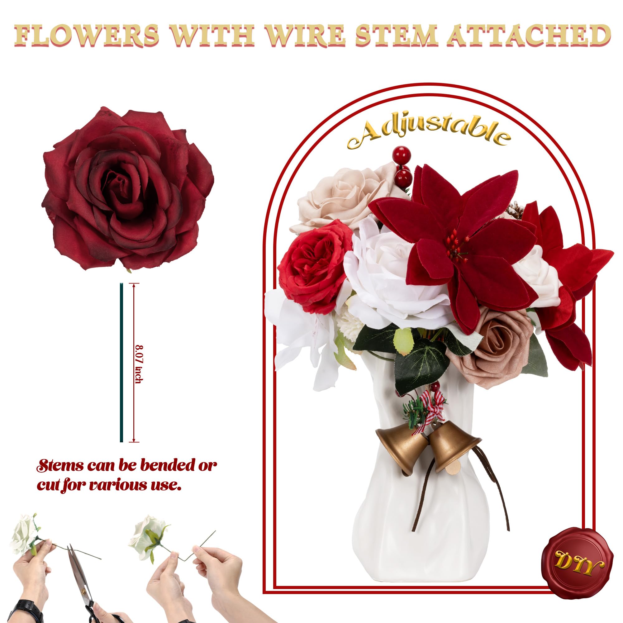 Künstliche Blumen Combo für Weihnachtsbaumschmuck, 25 Stück künstliche Blumenmischung mit t Stiel für Weihnachten, Heimdekoration, Weihnachtskranz, DIY