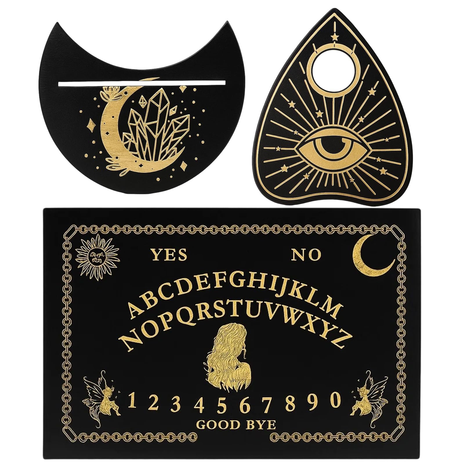 QXCFTW Ouija Board - Wooden Spirit Board Game with Planchette for Séance & Spirit Communication, Black, 30cm x 20cm