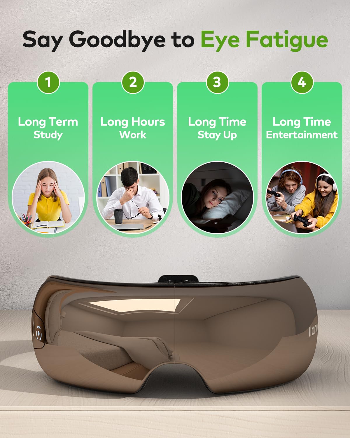 llano Masajeador de Ojos con Calor, Masaje Vibratorio, Bluetooth Integrado, 4 modos, Pantalla Translúcida, Diseño Ergonómico en 3D y Plegable (Glossy Brown)