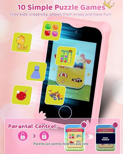 Miniatura 6 de Juguetes de teléfono inteligente para niños para niñas de 3, 4, 5, 6 años, teléfono con pantalla táctil para niños pequeños con doble cámara, juegos
