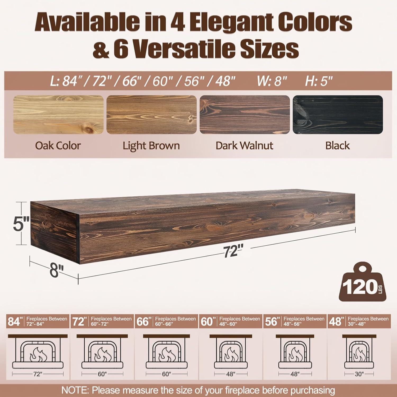 Fireplace Mantel Shelf, 72x8x5 Wooden Floating Shelf Over the Fireplace, Wall-Mounted Mantel Shelves, Rustic Floating Mantels Shelves, Dark Walnut