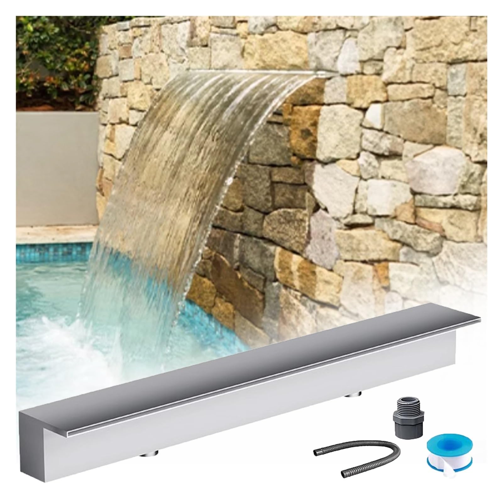 Genérico Kit de desagüe para Cascada con tubería corrugada para Exteriores, Boquilla de Cascada de Acero Inoxidable de 12 a 36 Pulgadas, Caja de Salida de Agua Exterior para Montaje en Pared para Pat