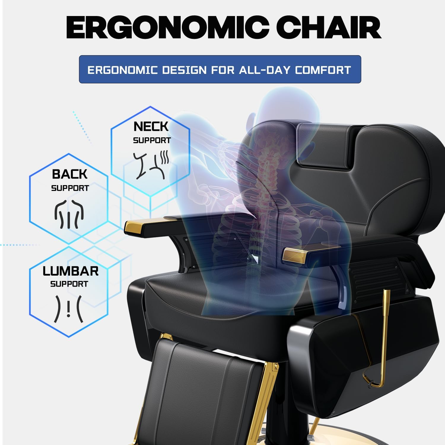 Heavy Duty Barber Chair, Modern Hydraulic Salon Chair for Hair Stylist with Enhanced Ergonomic Support, Quick-Assemble, 360° Quiet Swivel, 440LBS Heavy Duty, Black Gold