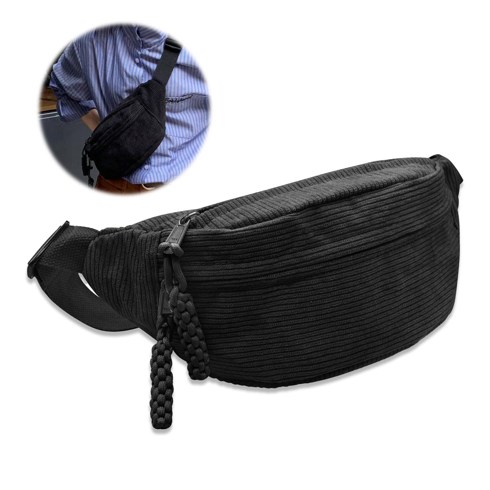 Marsupio a tracolla a corda, alla moda, per il tempo libero, per lo sport, per il tempo libero, con tracolla, regolabile, unisex, per donna, uomo, Nero , 34 x 15 cm, Sport