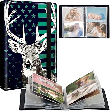 Small Photo Album 3.5x5 inch 80 Pockets Photos Pu Leather Cover Photo Albums With Elastic Band Design Cute Photo Album For Family Wedding Anniversary Travel - Green Flag Deer