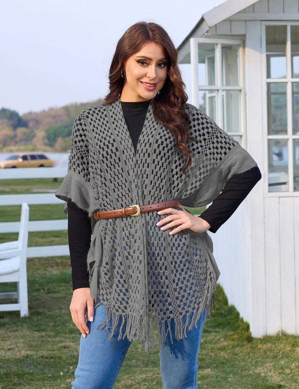 Ferand Women's Lightweight Ruffle Shawl Wraps Open Front Crochet Fringe Poncho Cardigan for Spring and Summer - Image 5