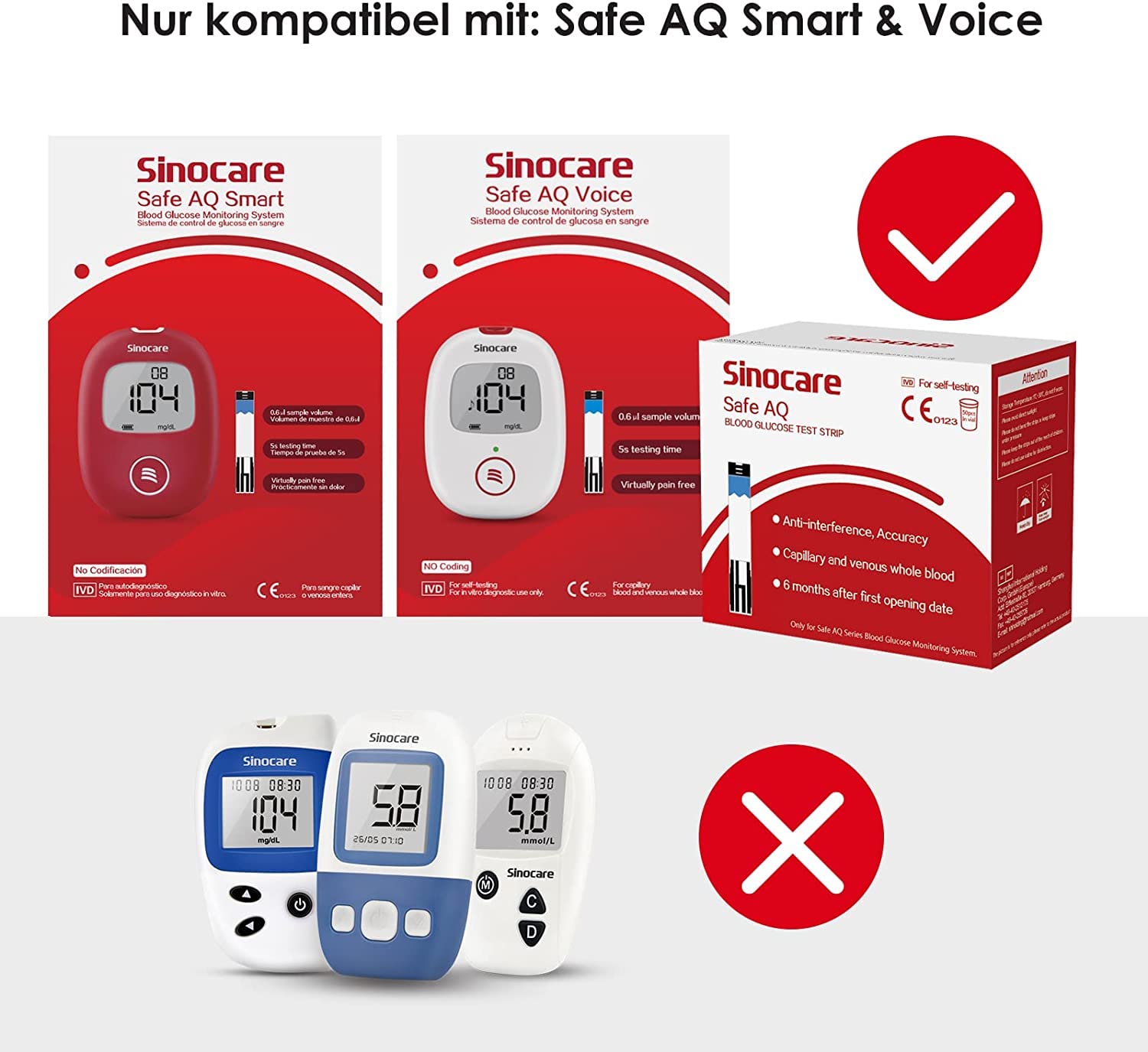 sinocare Blutzuckerteststreifen 200, Teststreifen Blutzucker nur für Safe AQ Smart Glucose Monitor Blutzuckermessung(Teststreifen x 200)